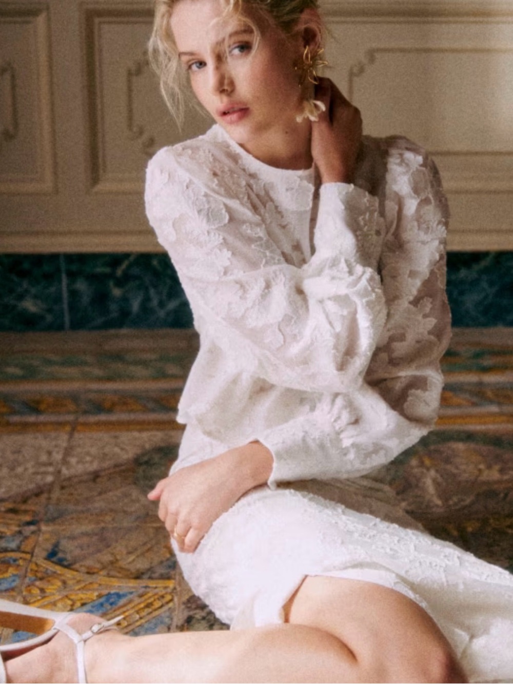 Sezane White Floral Lace Blouse